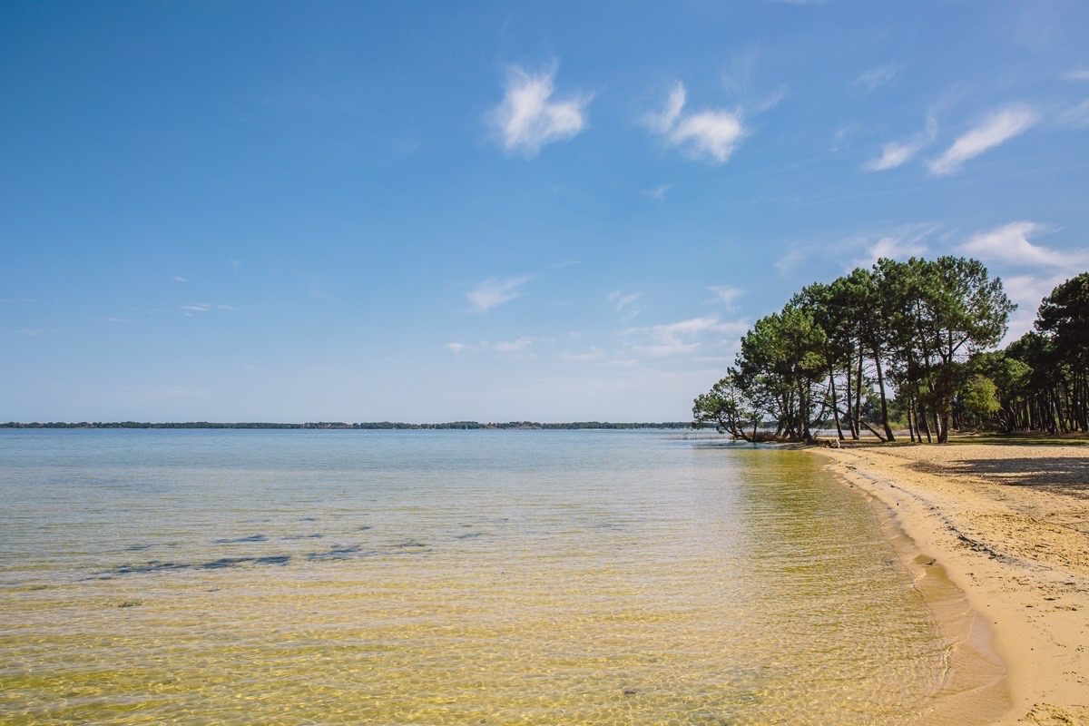 Plage de sable et eau peu profonde au bord du lac